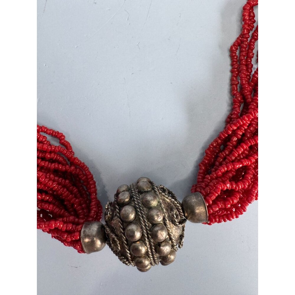 Vintage 1960s Tribal Red Coral Seed Beaded MultiStrand Necklace Oxidized Silver - Picture 5 of 8